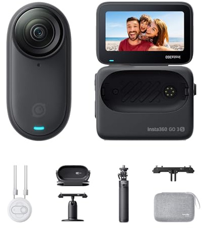Insta360 GO 3S Reise-Bundle - Tragbare 4K Mini-Kamera, Freihand-POVs, Überall anbringbar, Stabilisierung, 140 min Akku, 10 m wasserdicht, KI-Bearbeitung, Apple Find My, Schwarz, für Vlogs, Reisen