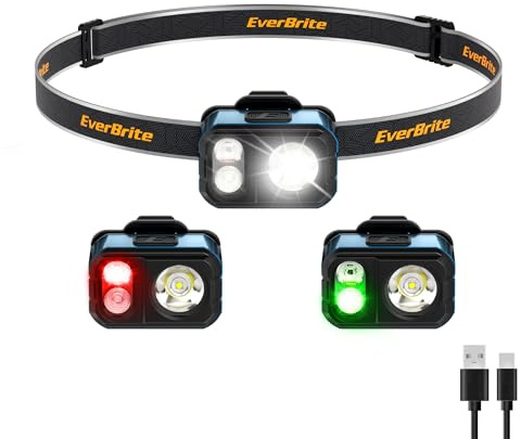 EverBrite Lampada Frontale LED Ricaricabile, 45g Ultra Leggera, IP67 Impermeabile, 7 Modalità con Clip, Luce Rossa & Verde, Mini Frontale per Jogging, Escursionismo, Campeggio, Blu