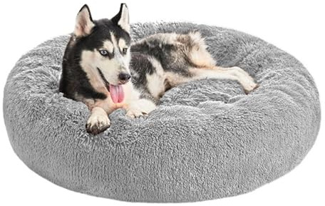Domarex Weiches Hundebett für große Hunde und Katzen - rundes Shaggy-Bett mit hohen Rändern - Anti-Rutsch-Boden - Silikonfüllung - komfortabler Schlafplatz - 90 cm - Bequem & langlebig - Grau