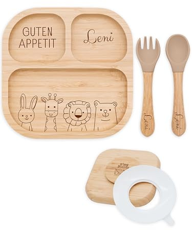 Bärenfreunde - Personalisierter Baby Teller mit Saugnapf - Praktisches Beikost Säugling Zubehör mit Namen - Bambusteller Rutschfest - Personalisierte Geschenke (andere Tiere unten)