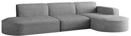 Kaiser Möbel - Ecksofa mit Wohnlandschaft, Eckcouch L Form, Sofa 3-sitzer, Polstersofa, Bigsofa, Bequemes Couch mit Ottomane für Wohnzimmer, Relaxsofa, Stilvolles Cord Sofa, Modena L, Grau, Rechts
