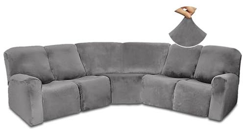 AIMENJOY Stretchhusse für Relaxsessel, Elastischer Ecksofabezug 5-Sitzer, Samt Relaxsessel Bezüge für L-förmige Liegesofas, Sofahusse Eckcouch Cover 7 Stück (Grey)