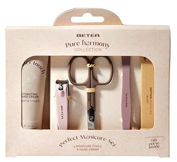 Beter - Set Manicure Pure Harmony, Set di 4 pezzi (Lima per unghie, Pinzetta, Forbicine, Tagliaunghie) + Crema per le mani e Borsa in tessuto, Perfetto per regalo, Natale, Kit Cura delle Unghie e Mani