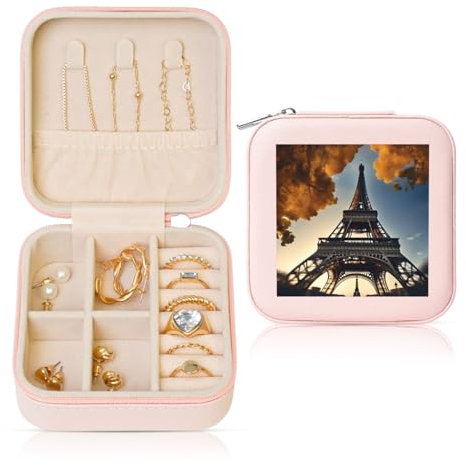 Bkdogkt Schöne Schmuckschatulle mit Eiffelturm-Paris-Druck, elegante Schmuckschatulle, tragbare Aufbewahrung, Ohrringe, Halsketten, Armbänder für Damen