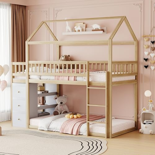 Huayz Lettino per bambini 90 x 200 cm, a castello, a forma di casa, con cassettiera e scaffali, letto a soppalco basso con scala, telaio in legno massiccio, colore legno (colore legno)