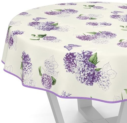 ANRO Nappe en toile cirée lavable, pour table de jardin, de forme ronde, ovale ou rectangulaire, ronde, 140 cm, avec ourlet (bordée), fleurs lilas