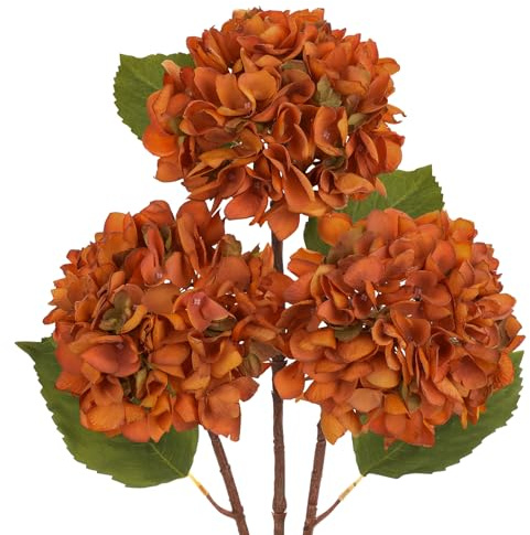Hollyone 3Pcs Burnt Orange Hydrangea Artificial Flowers Faux Dried Touch Hydrangeas Silk Flowers with Stem Fake Fall Florals Flower for Home Wedding Table Centerpiece Vase Arrangements Fall Decoration