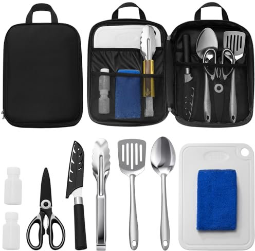 Lafuntar camping cooking set,camping utensils set,10 Pcs camping cooking equipment, Lightweight Portable Outdoor Camping Kitchen Accessories, Black