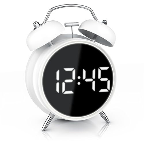 CSL - Wecker digital - Retro Design – lauter Glockenalarm - LED Anzeige – Akustiksteuerung – Zeit und Datum – Schlummerfunktion – Batteriebetrieb oder USB - ohne Ticken - weiß