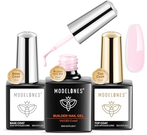 modelones 8 in One Builder Gel und Base Coat Top Coat Gel UV LED Nagellack Set 3 x 15ml, Rubber Base UV Nagellack für Modellage und Strengthener Extension Gelnägel Nail Art Maniküre Nageldesign Pink
