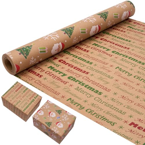 Rollo de papel de regalo de doble cara de 43 cm x 10 m, papel kraft reciclable de Navidad con Papá Noel para decoración de regalos de Navidad, fiesta de cumpleaños
