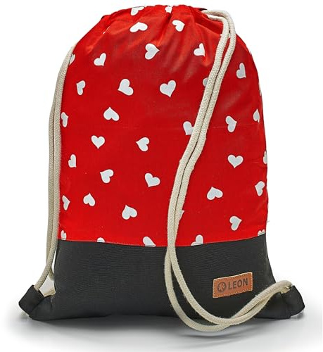 By Bers LEON Kinderrucksack Kinderturnbeutel Kinder Turnbeutel Mädchen Jungen Sport Tasche Beutel Teenager Kindergarten Schule Sportbeutel (KTB_Herzen_Rot)