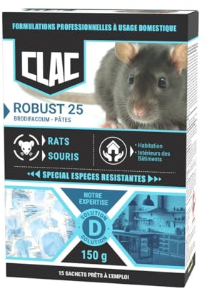 Clac Robust25 - Pâtes Anti-Rats et Souris - Appât Puissant Espèces Résistantes - Rodenticide Efficace dès la Première Ingestion - Cuisine, Garage, Cave, Grenier - 150 g