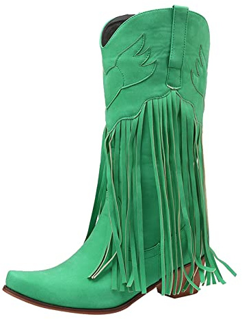 Vinterstövlar dam med klack, eleganta, cowboy stövlar dam med fransar fransar stövlar pennvässare slip-stövlar bekväma västerländska stövlar retro vida stövlar enfärgade skaftstövlar utomhus stövlar