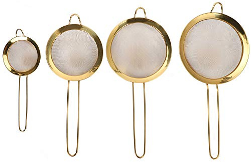 Stainless Steel Sieve Set, Fine Mesh Flour Sifter and Strainer for Baking, Cooking, Sifting Flour, Sugar, Powder, Filtering Juice, Gold, 4 Pieces