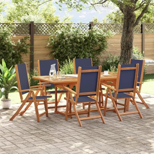 Ziaphsol 7-Piece Garden Dining Set Made of Solid Acacia Wood, Textilene, Extendable, Adjustable Chairs, Parasol Hole, for Patio, Balcony, Garden, 150-200 x 100 cm
