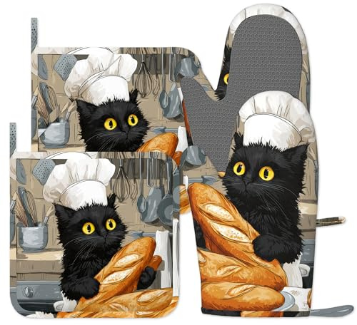 Cute Black Cat Oven Gloves Heat Resistant, Oven Mitts and Pot Holder Chef Kitchen Non-Slip Silicone Cooking Microwave Gloves for Cooking Baking Grilling