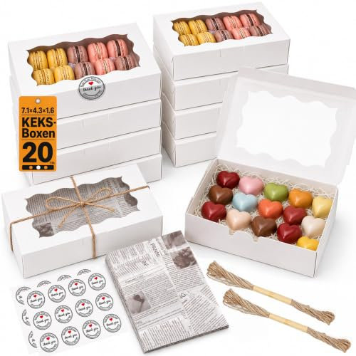 Mispudin 20 Keksschachteln mit Sichtfenster, Gebäckkartons Kleine 18×11×4cm | Weiße Gebäckkartons mit Aufklebern, Backpapier, Hanfseil, für Kekse, Macarons, Pralinen, Kleine Desserts