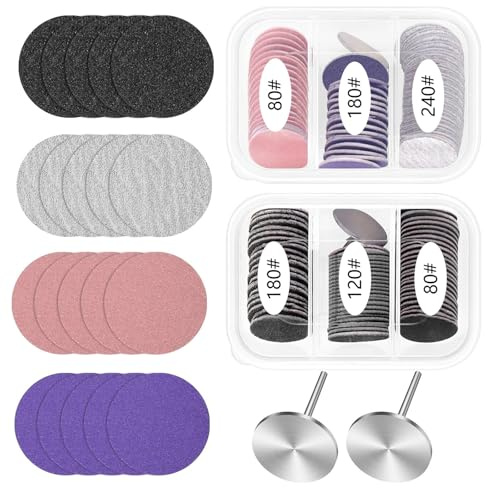 Dischi abrasivi per pedicure, 25 mm, 120 tappi abrasivi, fresa per unghie con 2 inserti in acciaio inox, set di dischi abrasivi per pedicure, grana 80/120/180/240, per rimozione calli e cura dei piedi
