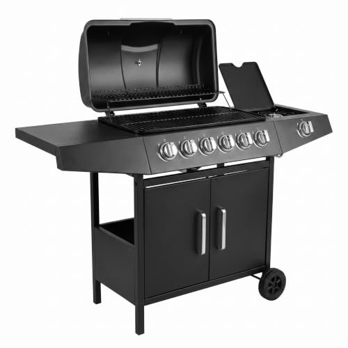 Barbecue a gas compatto con 6+1 bruciatori, barbecue a gas per pietre laviche, con bruciatore laterale, controlli indipendenti della temperatura, ampia area barbecue