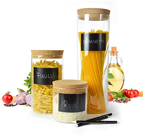 Sendez 3 Vorratsdosen mit Korkdeckel Kreide und Aufkleber Glasbehälter Vorratsgläser 2,1 Liter + 1,2 Liter + 0,6 Liter