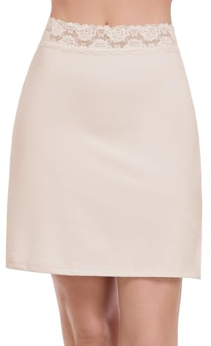 MANCYFIT Half Slips for Women Underskirt Short Mini Skirt with Floral Lace Waistband Nude Small