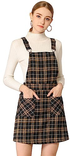 Allegra K Gonna con Bretelle Regolabili, da Donna, sopra Il Ginocchio, Scozzese, Abito con Stampa Integrale, Nero-Marrone., XL