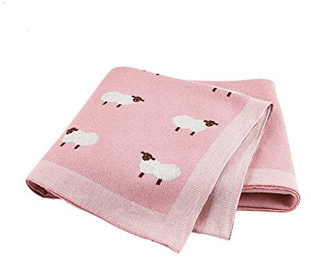 Coperta Maglia in 100% Cotone per Neonato Bambini, Surwin Super Morbida Copertina Modello di Pecorelle, Multiuso Copertina Neonato Invernale per Passeggino e culla (100x80cm,Rosa)