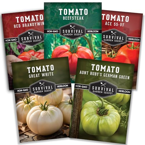 Heirloom Beefsteak & Slicing Tomato Seeds Variety Pack for Planting – Brandywine Red, Aunt Ruby’s Green, Great White, Ace 55 VF & Beefsteak – Non-GMO Garden Tomatoes - Survival Garden Seeds