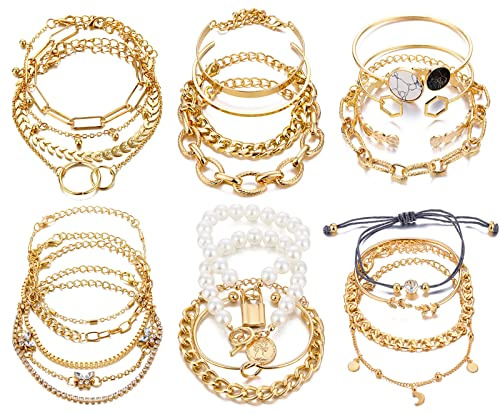 17IF 25 PCS(6 Pack) Dainty Boho Gold Chain Bracelets Set for Women Stackable Chunky Multipack Layered Bangles Adjustable Flat Cuff Cuban Punk Charm Bracelet Bundle Jewelry