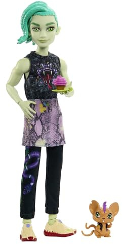 Monster High HHK56 - bewegliche Deuce Gorgon Puppe, Haustier und Zubehör, Schlangen-Jeansjacke, getönte Sonnenbrille, Kinderspielzeug, Geschenkset, Puppen Spiezeug ab 4 Jahren