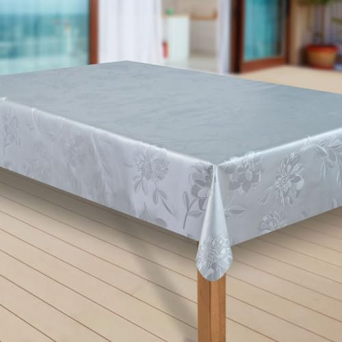laro Wachstuch-Tischdecke Abwaschbar Garten-Tischdecke Wachstischdecke PVC Plastik-Tischdecken Eckig Meterware Wasserabweisend Abwischbar, Muster:Dhalia Silber, Größe:110x240