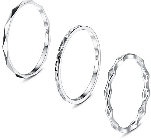 Krfy 3 Stück Ringe für Damen Herren - 925 Sterling Silber & 18 Karat Weißgold Plattiert - Stapelbare Einfache Band Knöchel Ringe mit Diamantschliff - 49.3MM-62.1MM