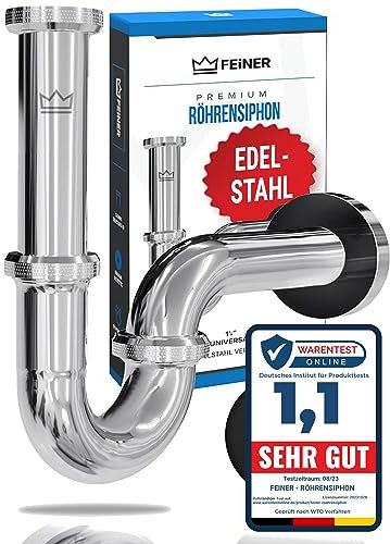 FEINER Sifone universale di alta qualità per lavabo e lavabo, in acciaio inox, set completo, rosetta, scarico 1 1/4 cromato + set di guarnizioni incluso.