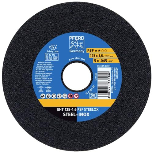 PFERD EHT 69198296 Lot de 10 disques à tronçonner, 125 x 1,6 x 22,23 mm, droits, ligne universelle PSF STEELOX, pour acier et acier inoxydable (INOX)