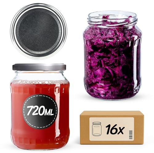 KADAX Lot de 16 bocaux à confiture avec couvercle à visser, 720 ml, argentés