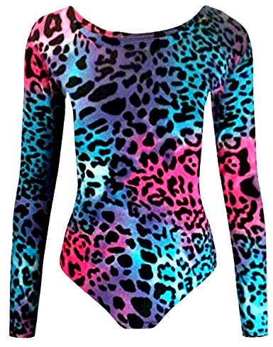 Golomak® Girls Nylon Stretch Leotards Kids School PE Ballet Dance Gymnastics Long Sleeves Bodysuit Top (Multi Leopard, 13 Years)