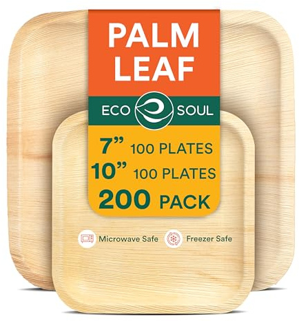 ECO SOUL 100 % komposterbara 25 cm och 18 cm palmbladsplattor [200-pack] I premium engångstallrikar set I kraftiga miljövänliga bambuplattor som I biologiskt nedbrytbara festtallrikar paket