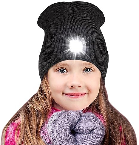 SPGOOD Wiederaufladbare mütze mit LED licht für Kinder, für Jungen und Mädchen, abnehmbare und waschbare warme beleuchtete mütze mit Lampe für den Winter im Freien(Schwarz)