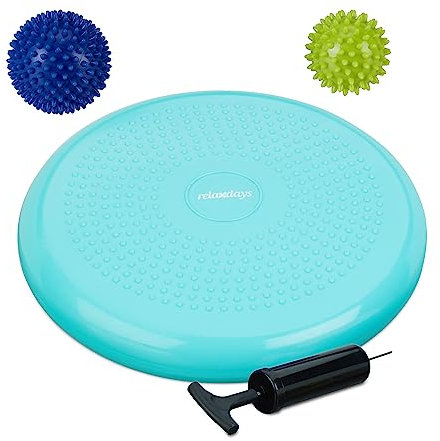 Relaxdays Balance Kissen, 2 Massagebälle, Ø 32 cm, bis 140 kg, ergonomisches Wackelkissen mit Noppen, Luftpumpe, türkis