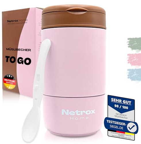 Netrox Gobelet à Emporter 2-en-1 avec Cuillère – Tasse Isotherme en Acier Inoxydable pour Céréales, Yaourt, Porridge ou Soupe – Récipient Hermétique Portable pour Enfants et Adultes - rose