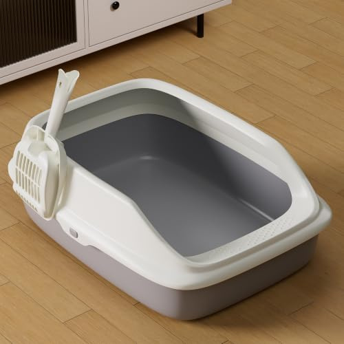 Large Cat Litter Tray Box, Plastic Open Cat Litter Box with Raised Rims and Detachable Rim, Litter Tray with Free Scoop, 57.5 x 44 x 19 cm