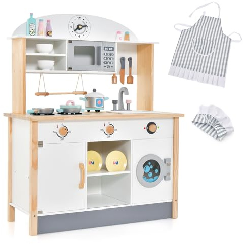 HOMASIS Kinderküche inkl. 17-teiligem Zubehör, Spielküche Holz, Spielzeugküche mit Backofen Mikrowellen Wasserbecken & Waschmaschine, Holzküche Kinderspielküche Küchespielzeug-Set für ab 3 Jahren