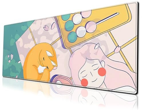 Cute Anime Fox Kawaii Gaming Mouse Pad Large Desk Mat, 31.5x11.8 Inch Mousepad Extended Non-Slip Rubber Base Keyboard Mat with Stitched Edges for Desk Home Office