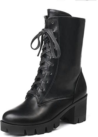 WOilERQ Modische Goth-Plateaustiefel zum Schnüren für Damen mit grobem Absatz, Combat-Motorrad-Stiefeletten, seitlicher Reißverschluss, mittelhohe Wadenstiefel aus Leder,Schwarz,46