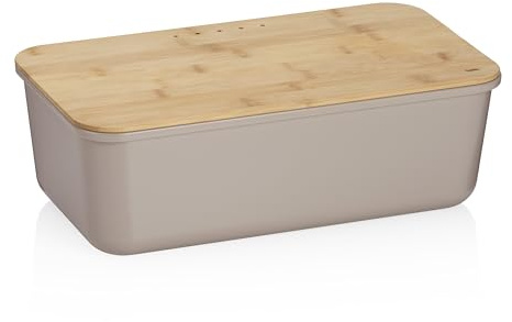 kela Boîte à pain grise avec trous d'aération 38x21x12,5cm, couvercle en bambou FSC servant de planche à découper, boîte à pain en plastique, APART, boîte de conservation du pain