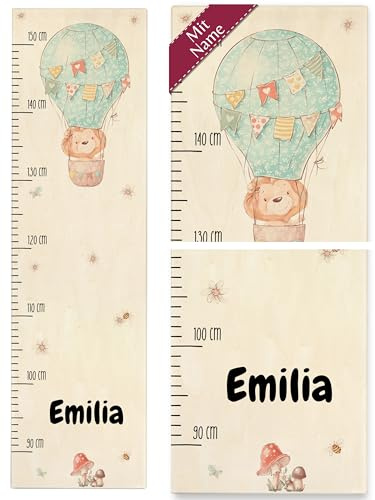 Messlatte - Löwe in Heißluftballon mit Name - Geschenk für Kinder - 90-150 cm - Holz - personalisierte personalisierter