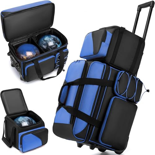 Aleemin Bowlingtasche mit 2 Bällen und 1 farblich passender Tragetasche, Bowlingtasche mit Rollen für 3 Bälle, 2 Bälle, 1 Ball, 3 Bälle mit mehreren Taschen (2 + 1 blau)