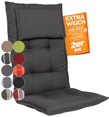 gardisun Gartenstuhlauflagen Hochlehner mit Kopfteil I Extra Dicke Sitzauflagen I Made in EU I Ideale Polsterauflagen für Hochlehner I Auflagen mit extra hoher Lichtechtheit I 2er Set I Anthrazit