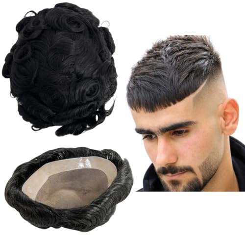 Toupee für Männer mit Mono Base und NPU - Lockige Welle Haareinheit aus Echtem Menschenhaar - Natürliches Ersatzsystem Freestyle Perücke (8x10)